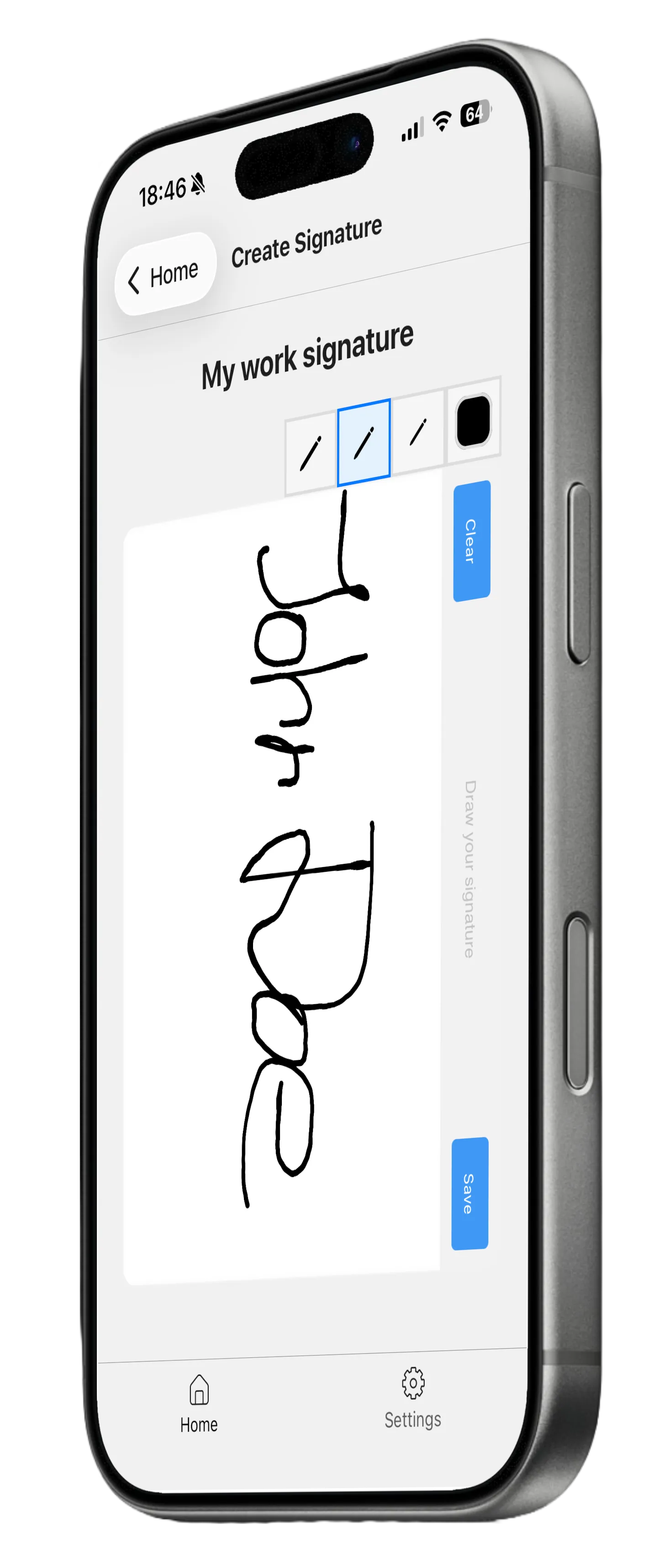Signature Maker: drawing a signature named “My work signature” on the Create Signature screen