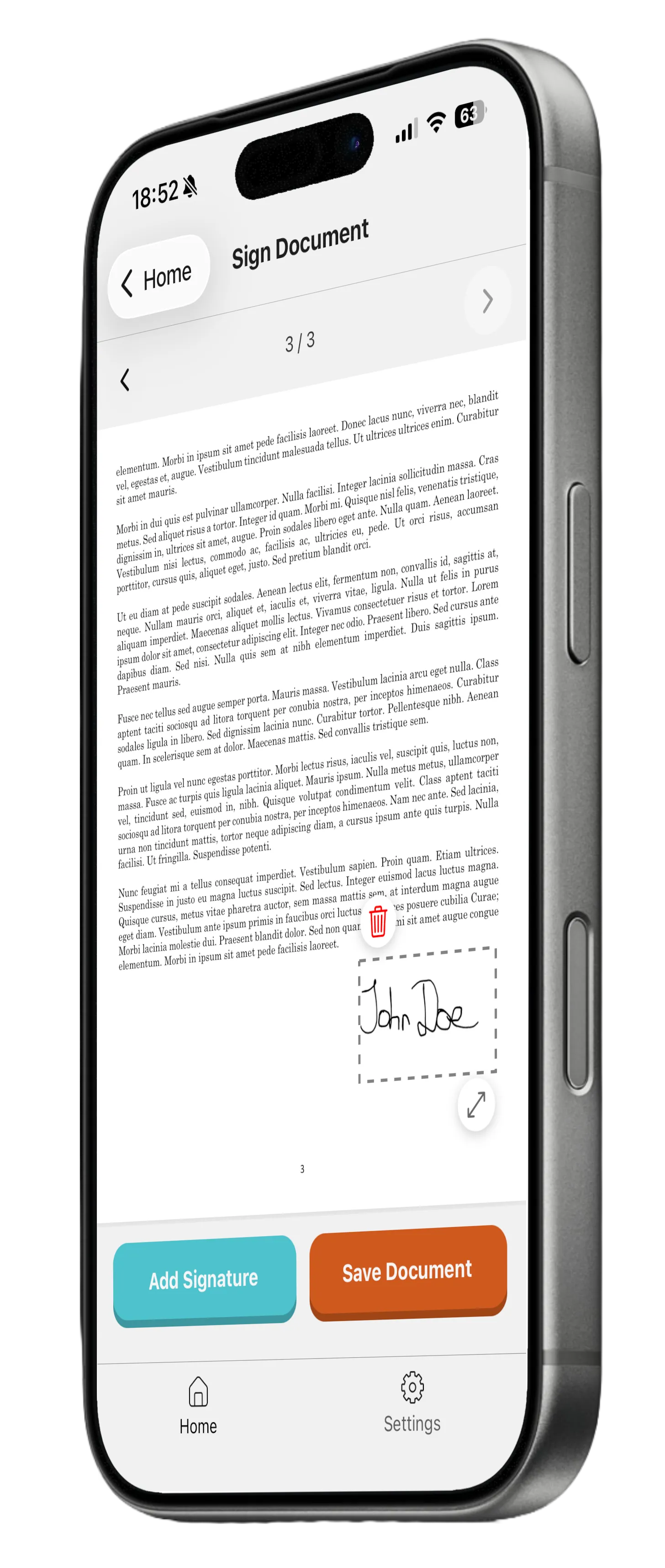 Signature Maker: moving and resizing a signature on a PDF page, with delete and resize handles