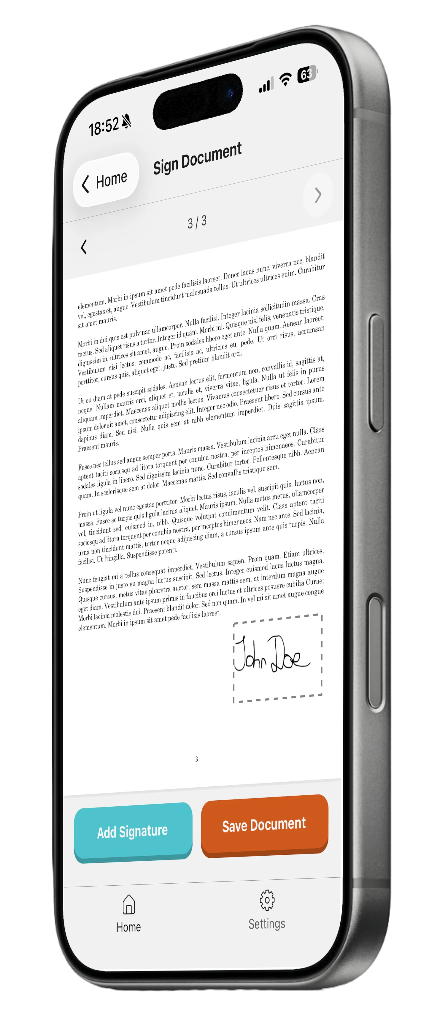 Signature Maker: a signed three-page PDF with the signature placed above the last paragraph